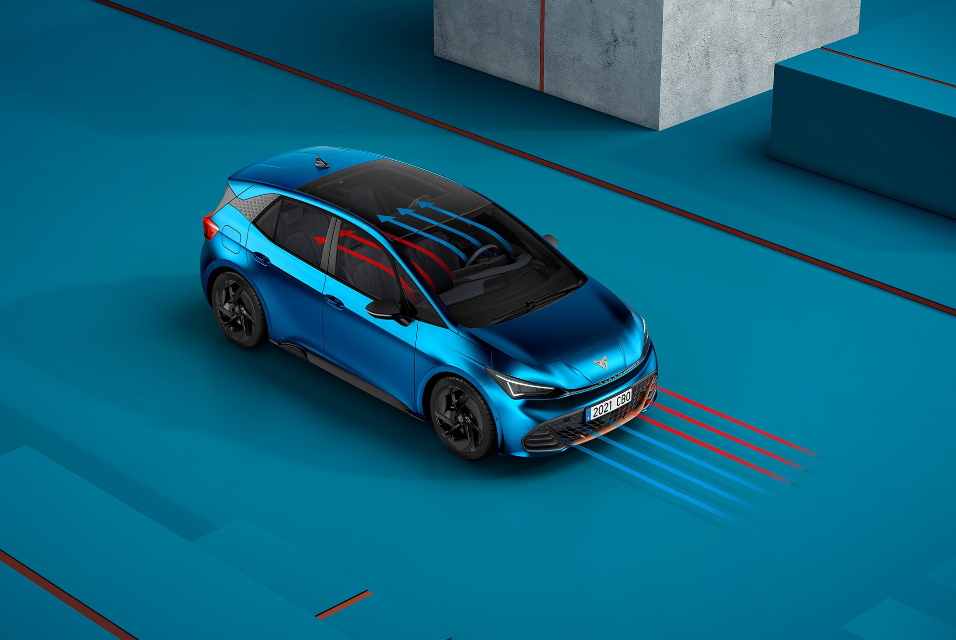 CUPRA Born de color Blau Aurora amb la funció de bomba de calor del cotxe.