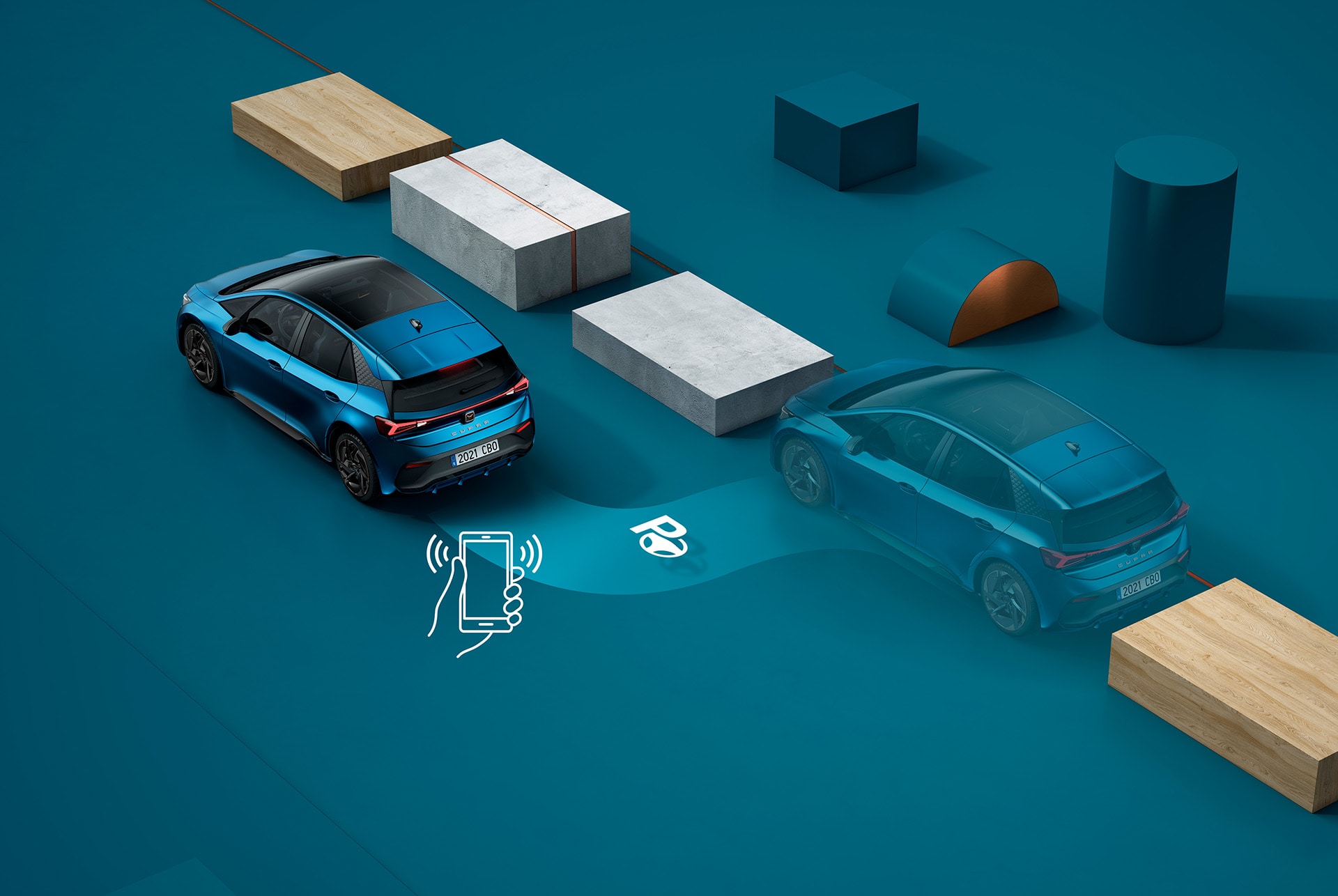 CUPRA Born de color Blau Aurora amb la funció d'assistència d'aparcament a distància