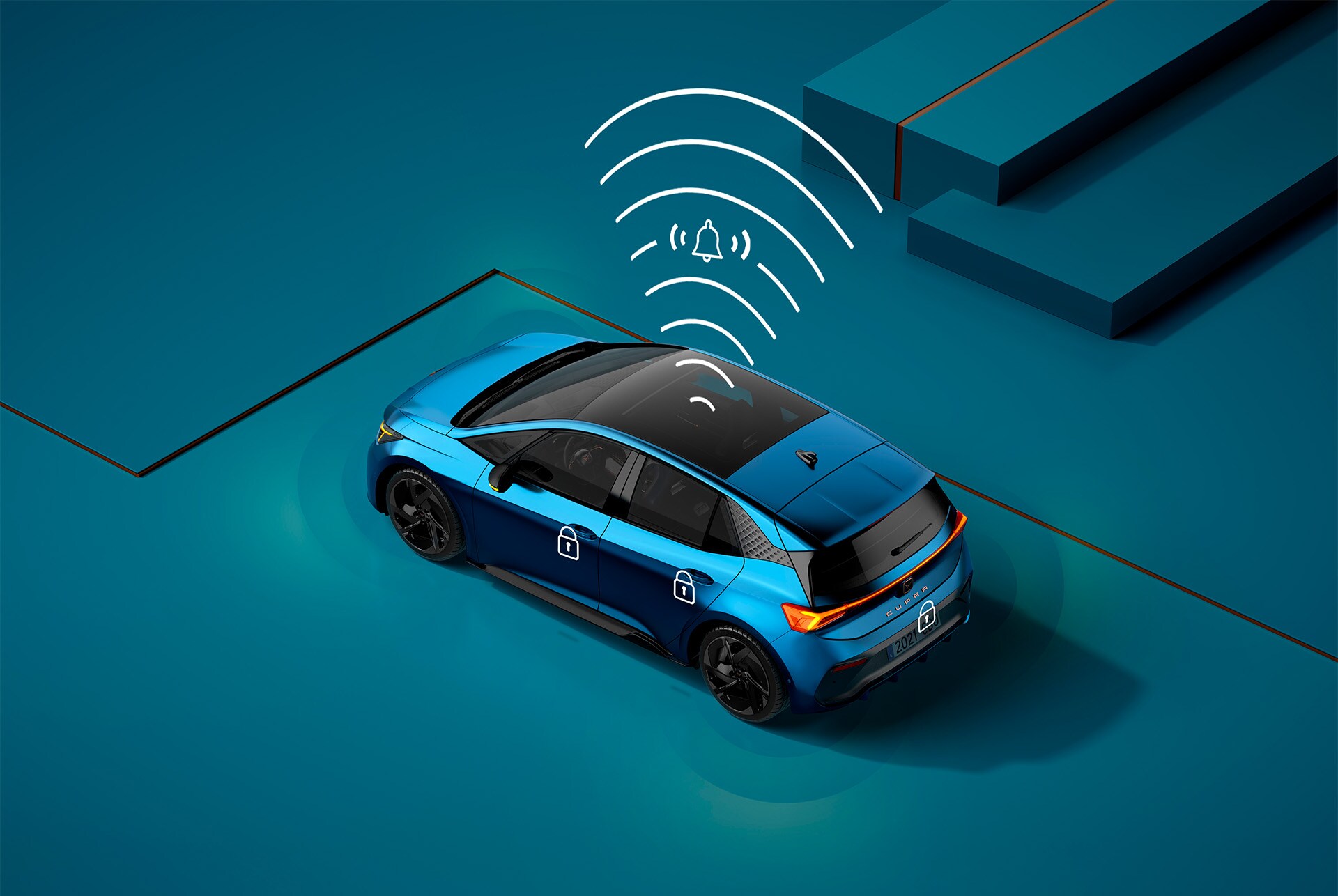 CUPRA Born de color Blau Aurora amb el sistema d'alarma del cotxe