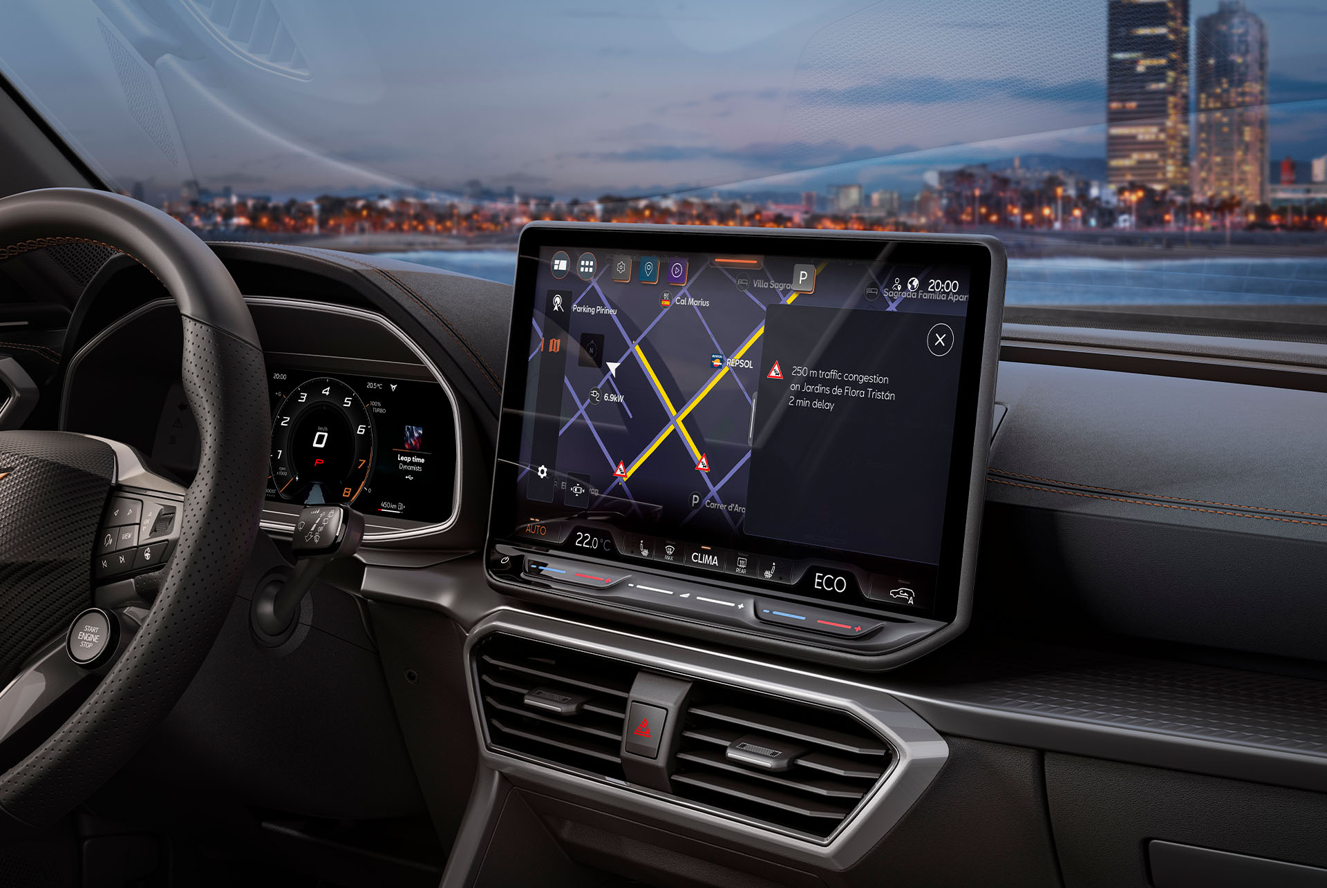 Primer pla de l'interior del nou Cupra Formentor 2025, sistema de infotainment, quadre de comandament, sortida d'aire i volant.