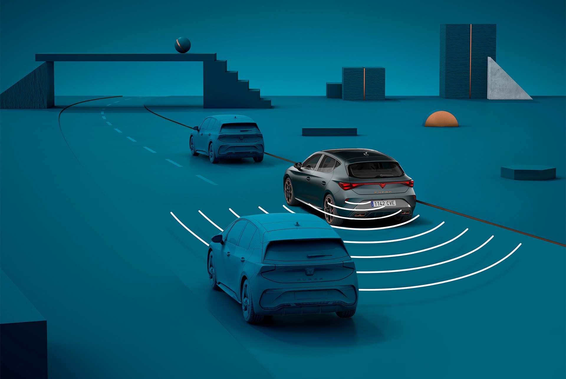 Com utilitzar el sistema d'avís de sortida del nou Cupra Leon Sportstourer 2025, demostració visual amb formes i fons blau. 