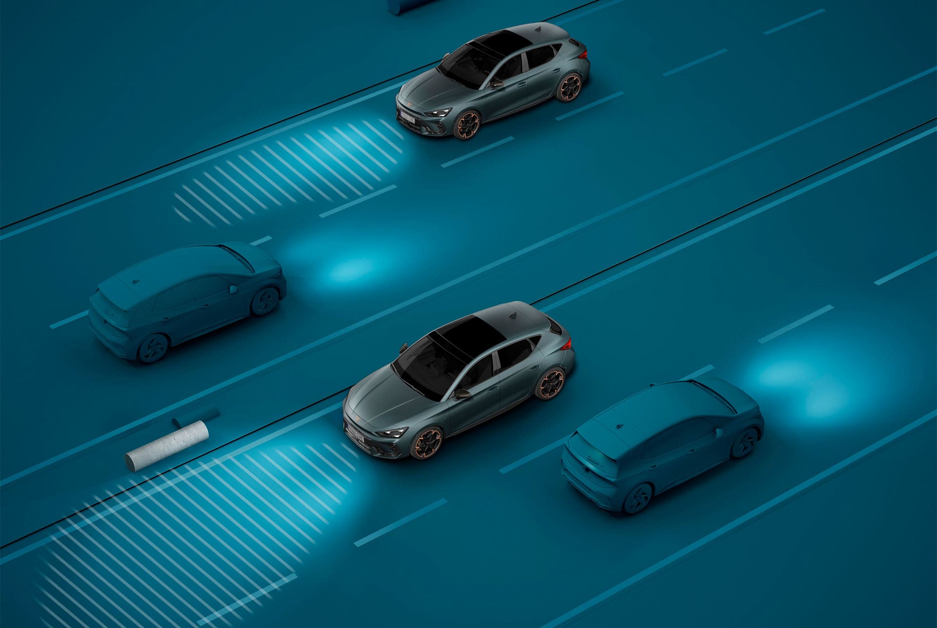 Demo de l'assistent de llums del nou Cupra Leon Sportstourer 2025, fons blau, demostració visual. 