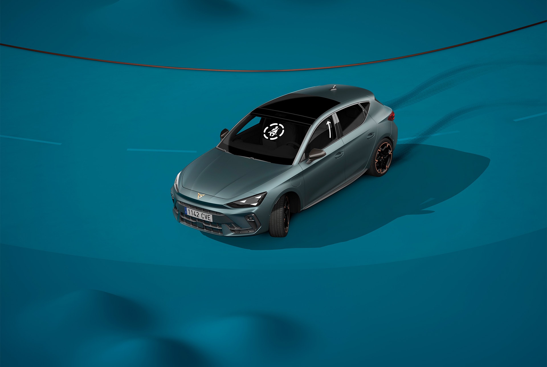 com utilitzar el nou sistema d'assistència prèvia al xoc del Nou Cupra Leon sportstourer 2025, demostració visual amb formes i fons blau.