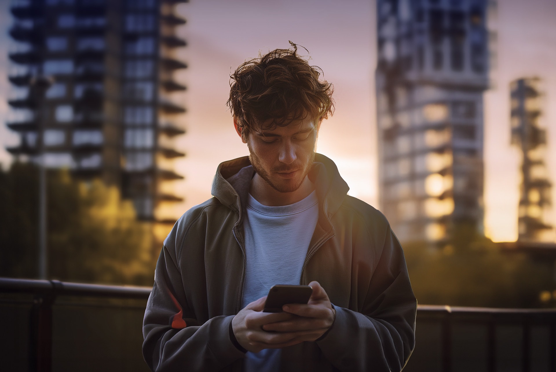 Home amb un telèfon a la mà, accedint a MyCUPRA app al capvespre.