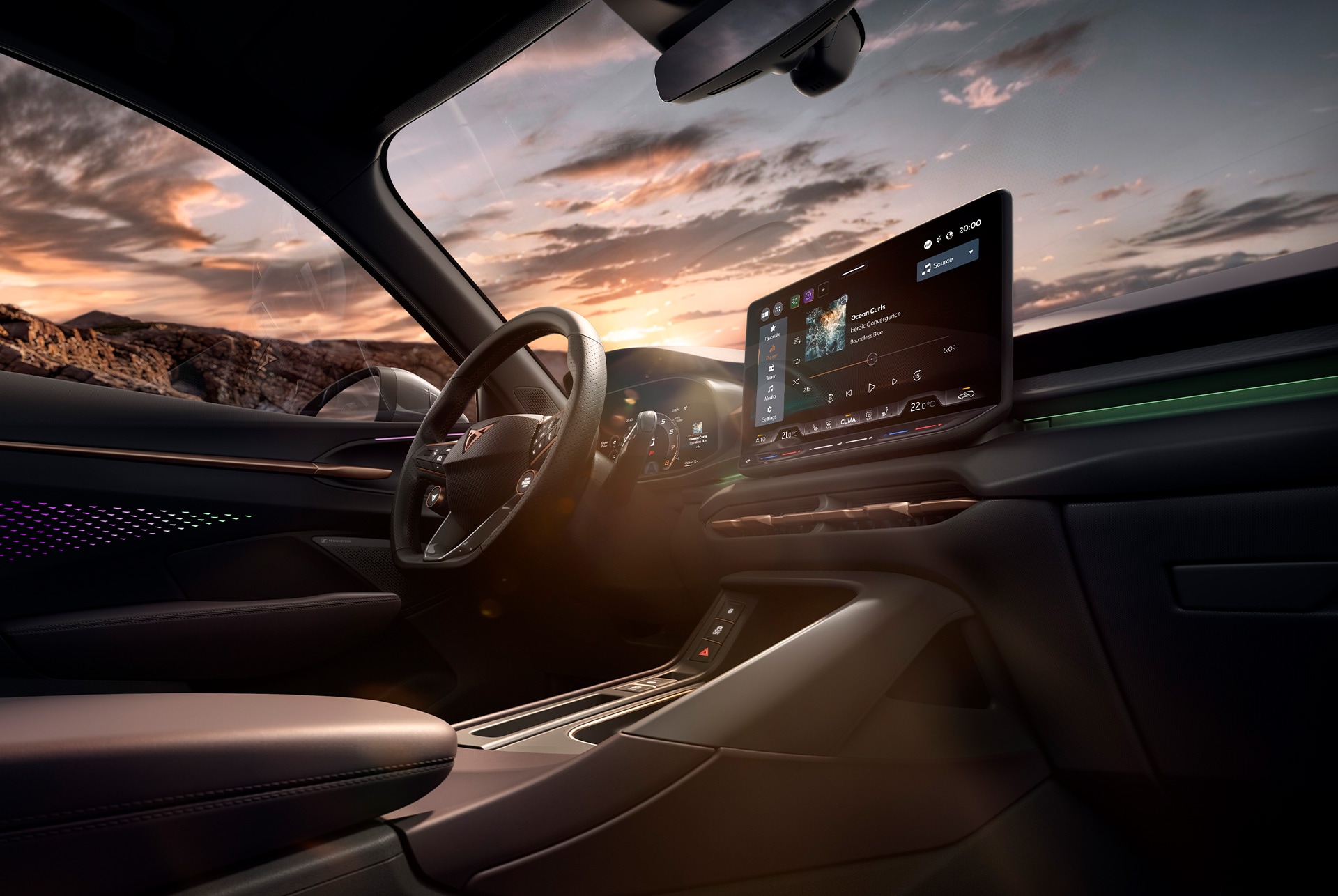 Vista en primer pla del volant esportiu multifunció encoixinat en cuir del CUPRA Terramar, amb calefacció integrada i capacitats Tiptronic.