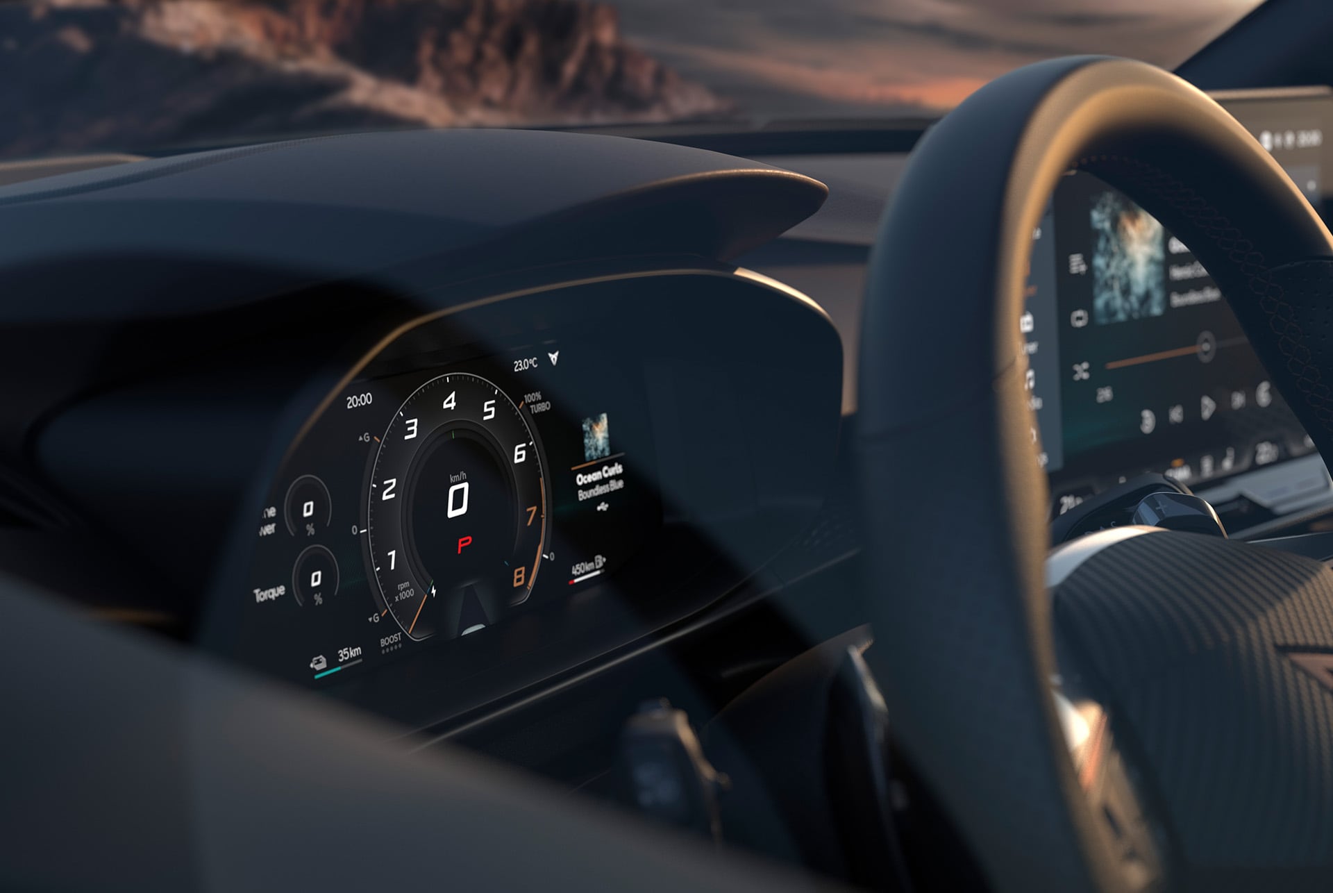 Vista del tauler darrere del volant del Cupra Terramar, amb el cockpit digital que inclou una pantalla de 10,25 polzades, part del sistema d'informació i entreteniment avançat.