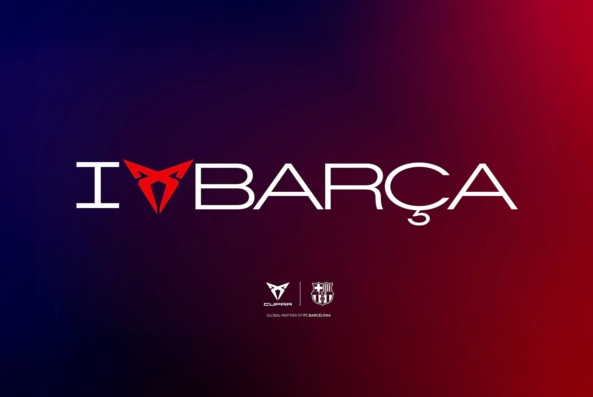 Logo I Love Barca , amb el logo de CUPRA destacant com a símbol del cor, amb un fons degradat de blau a vermell.