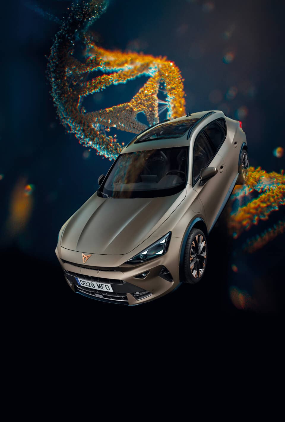 The 2024 Century bronze matte CUPRA Formentor parked on a reflective waterfront promenade. The sporty and aerodynamic new vehicle is positioned centre frame. The setting features futuristic architecture and Barcelona’s glowing city skyline at dusk